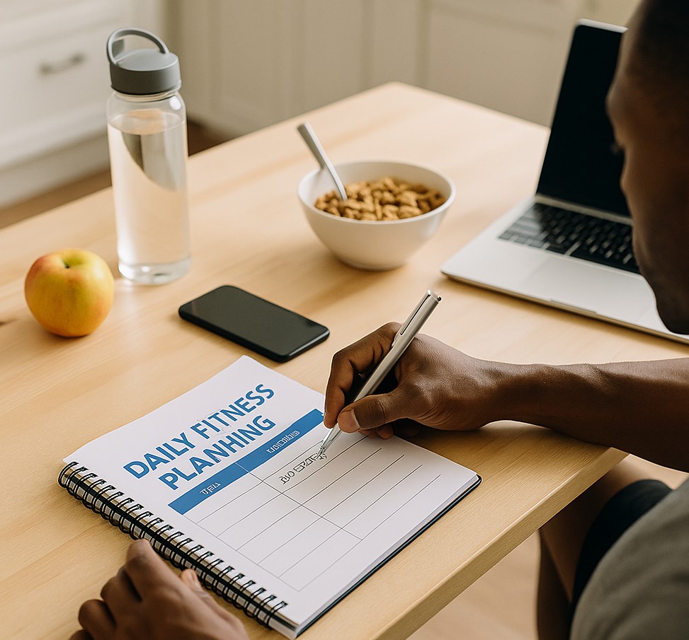 A person writes in a fitness planner at a wooden desk with a water bottle, apple, cereal bowl, phone, and laptop nearby.