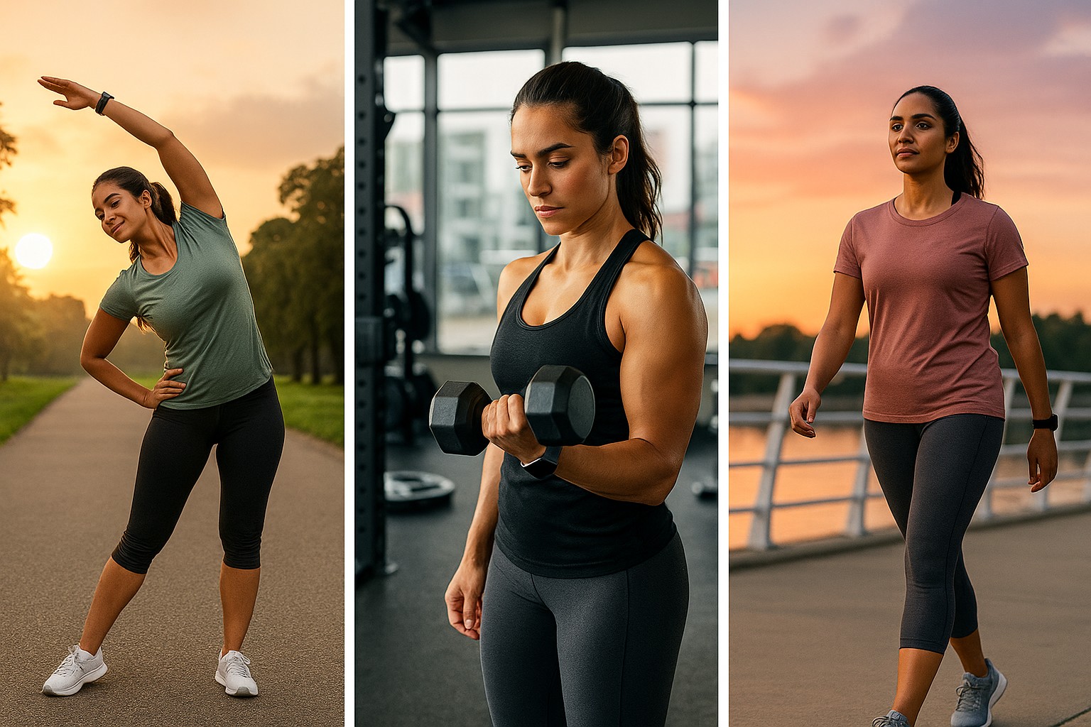 A woman performing side stretches, lifting a dumbbell in a gym, and walking outdoors at sunset, representing flexibility, strength, and cardiovascular fitness.