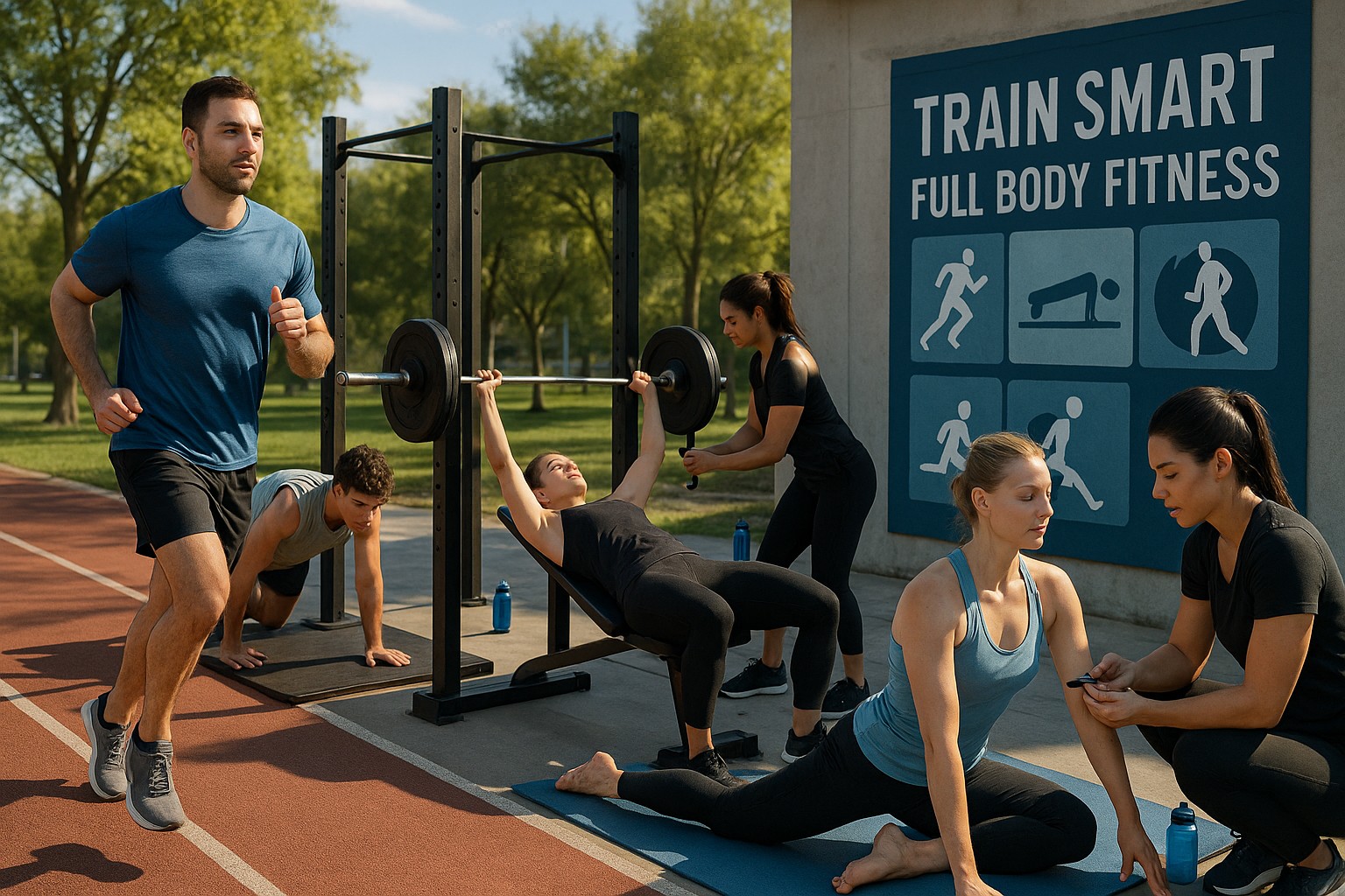 Group of athletes performing different health-related fitness exercises outdoors including jogging, weightlifting, push-ups, stretching, and body composition testing.