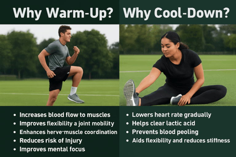 Split image showing a man warming up with lunges and a woman cooling down by stretching on a sports field, highlighting the benefits of warm-up and cool-down routines.