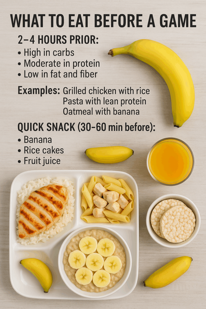 Pre-game meal options for athletes including grilled chicken with rice, pasta with lean chicken, banana oatmeal, rice cakes, fruit juice, and bananas arranged on a tray.