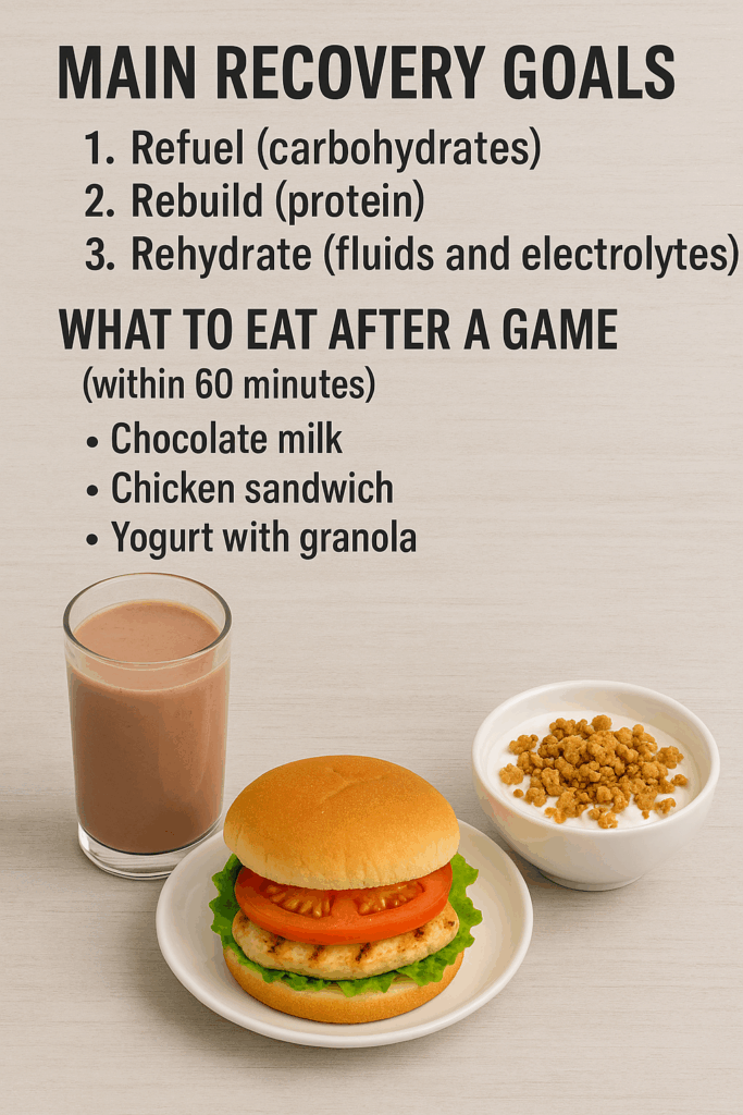 Post-game recovery foods including chocolate milk, a grilled chicken sandwich, and yogurt with granola, designed to help athletes refuel, rebuild muscles, and rehydrate after physical activity.