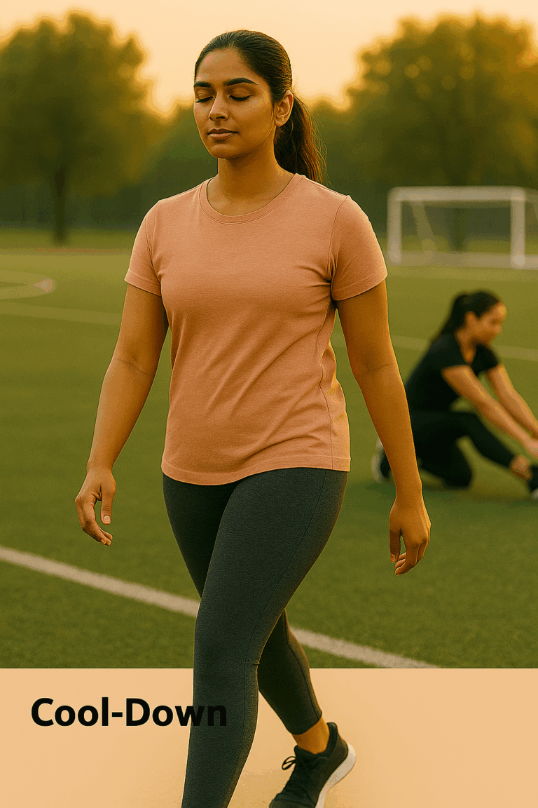 South Asian woman walking calmly on a sports field during cool-down with eyes closed, practicing relaxation