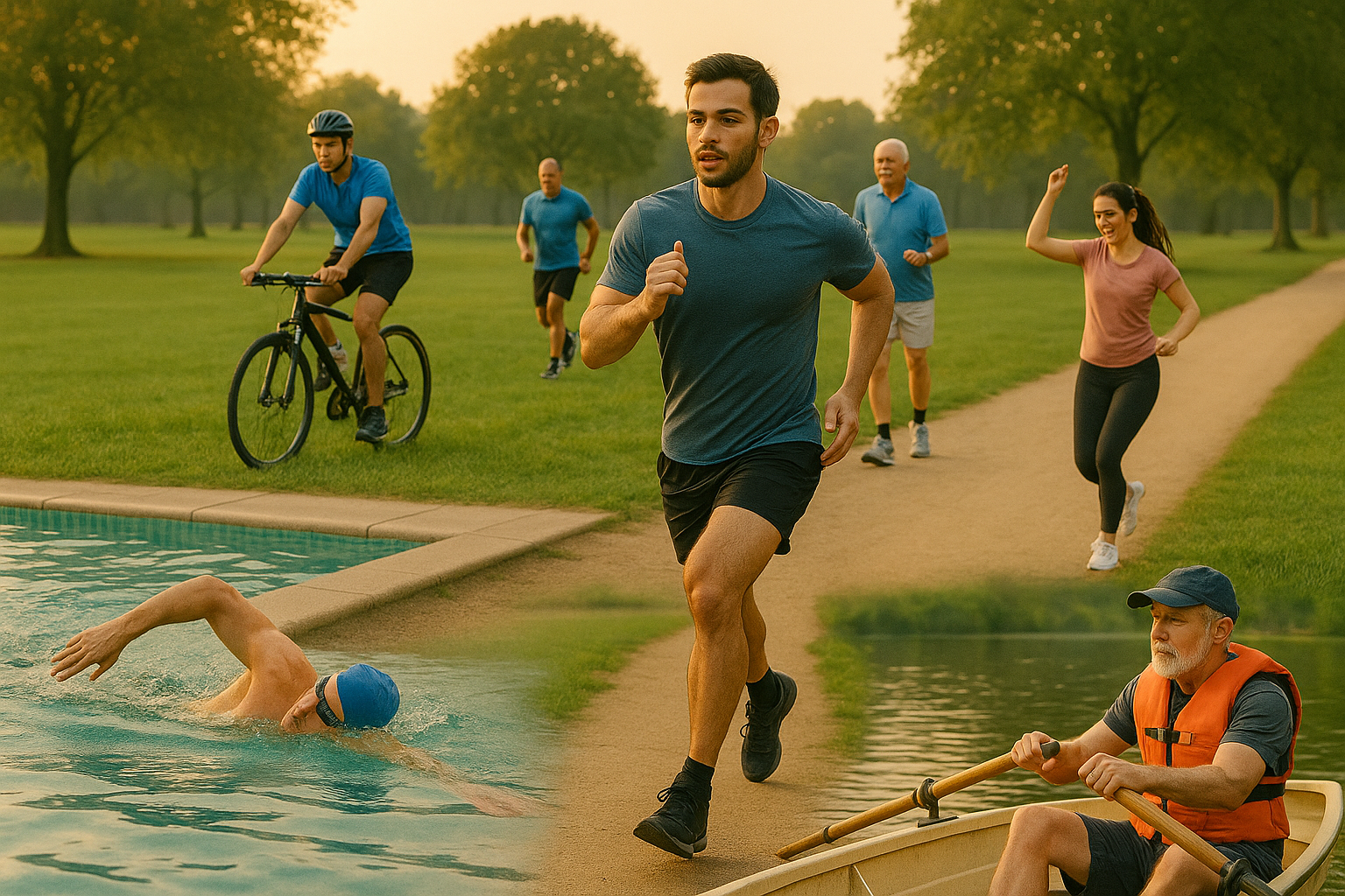Six individuals demonstrating different aerobic activities including jogging, swimming, cycling, brisk walking, dancing, and rowing in a vibrant outdoor setting.