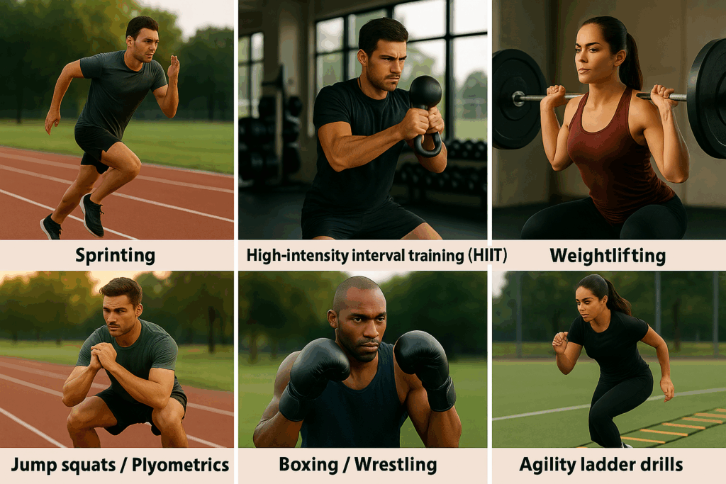 Athletes performing anaerobic exercises including sprinting, HIIT, weightlifting, jump squats, boxing, and agility drills to build strength, speed, and power