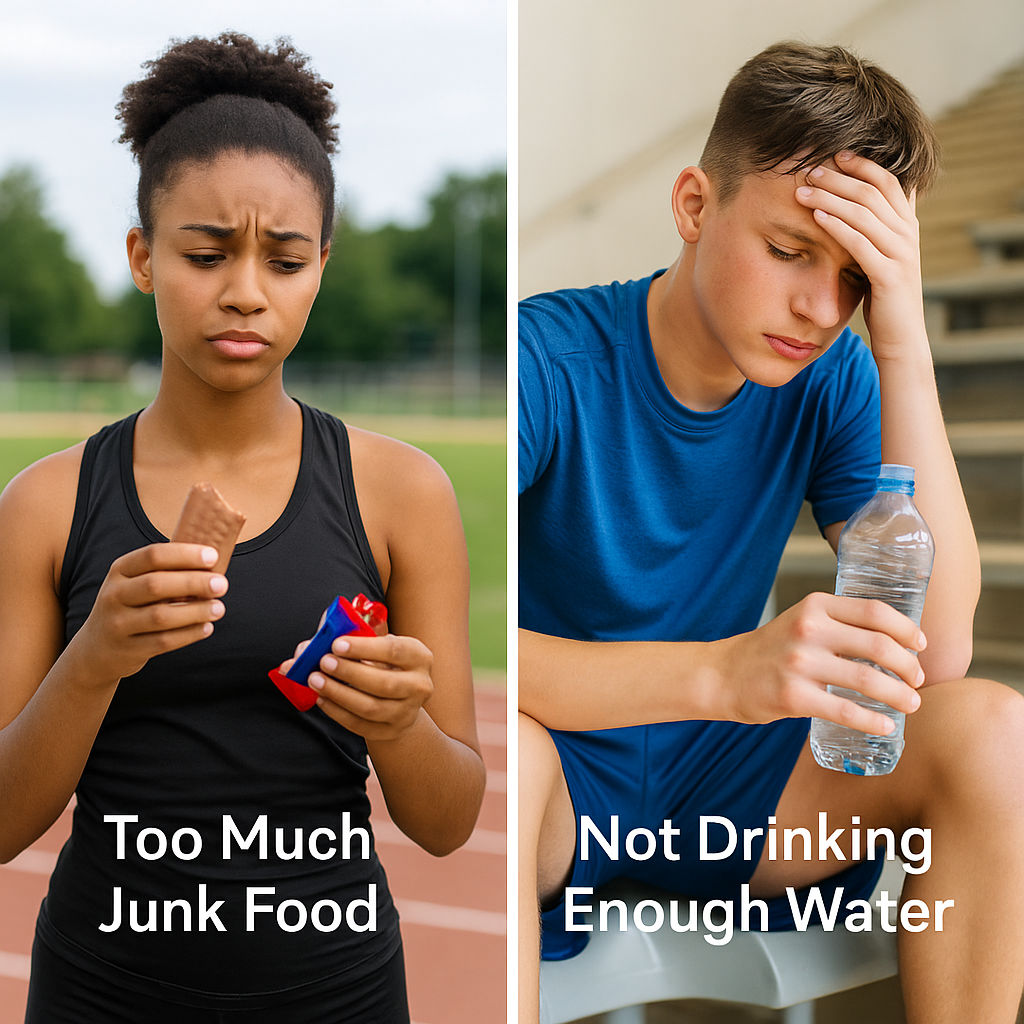 Two athletes showing nutrition mistakes: one eating junk food, the other dehydrated and fatigued after exercise.