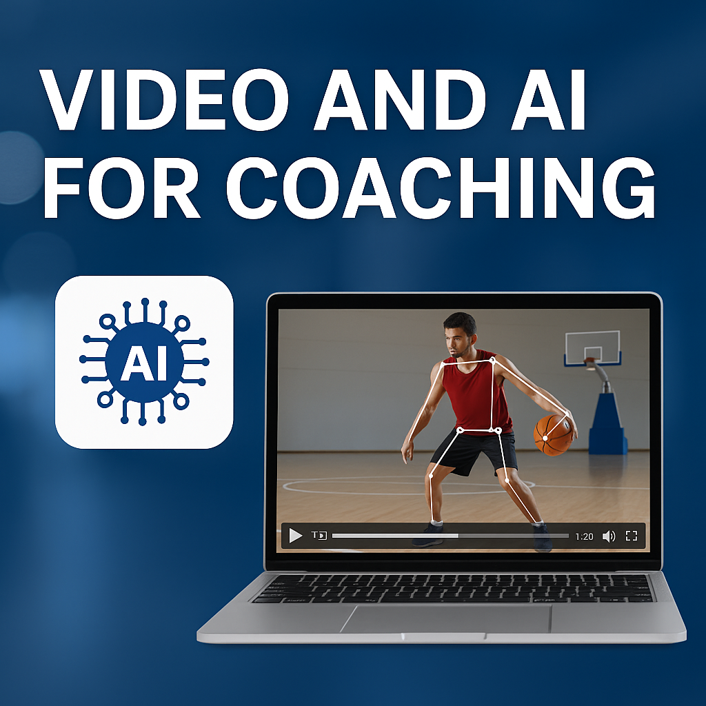 AI-driven video analysis showing a basketball player’s skeletal overlay on a laptop screen
