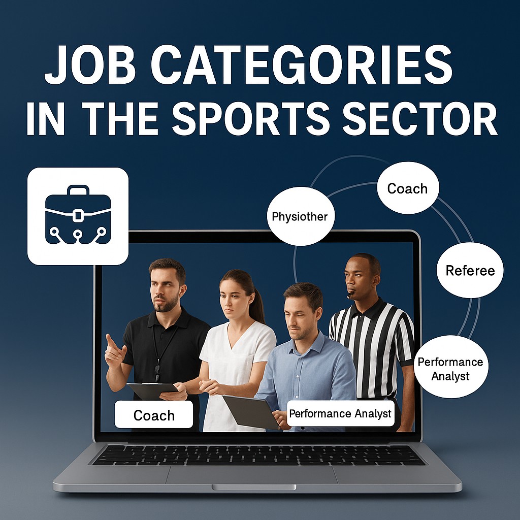 A digital graphic showing diverse sports professionals—coach, physiotherapist, performance analyst, and referee—on a laptop screen, with a circular diagram highlighting job categories in the sports sector.