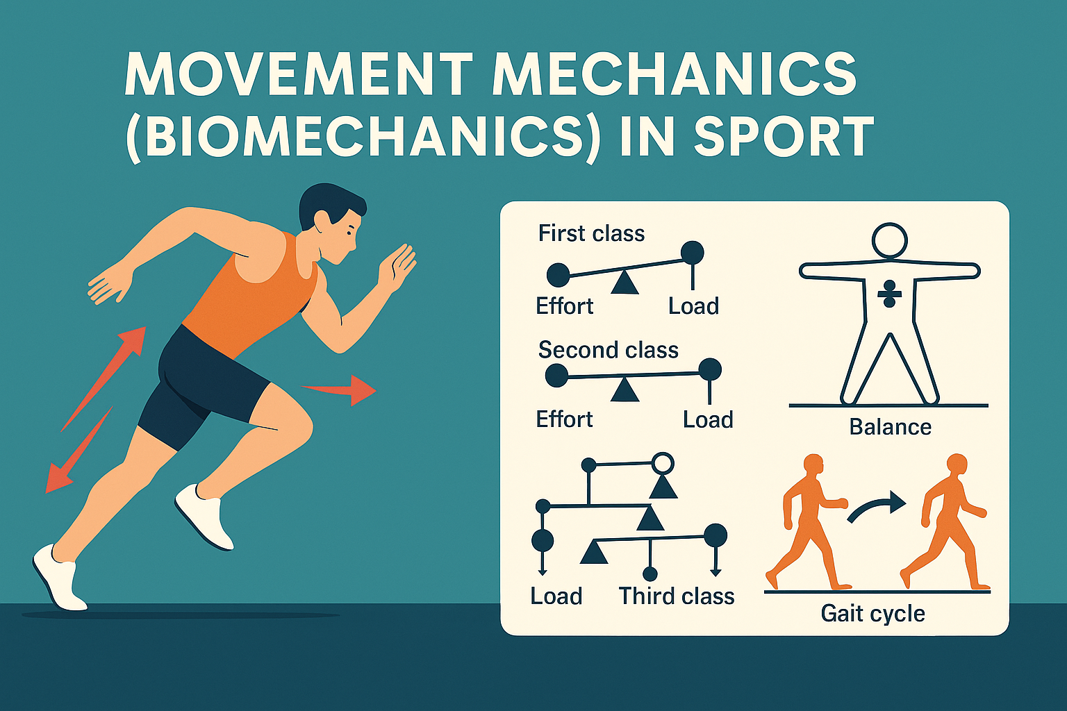 Illustration of a sprinter in mid‑stride on the left, with diagrams of first‑, second‑, and third‑class levers, a balance figure, and gait‑cycle icons on the right, all set against a teal background.