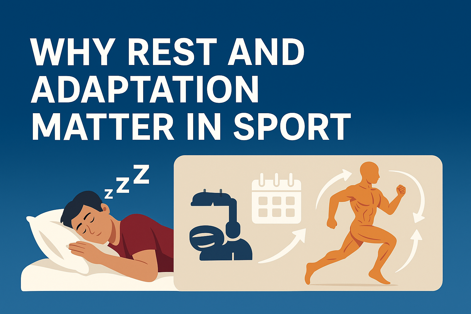 A flat-style digital illustration showing a person sleeping on the left and a graphic showing muscle recovery, a calendar, and strength adaptation on the right, symbolizing the importance of rest and adaptation in athletic performance.
