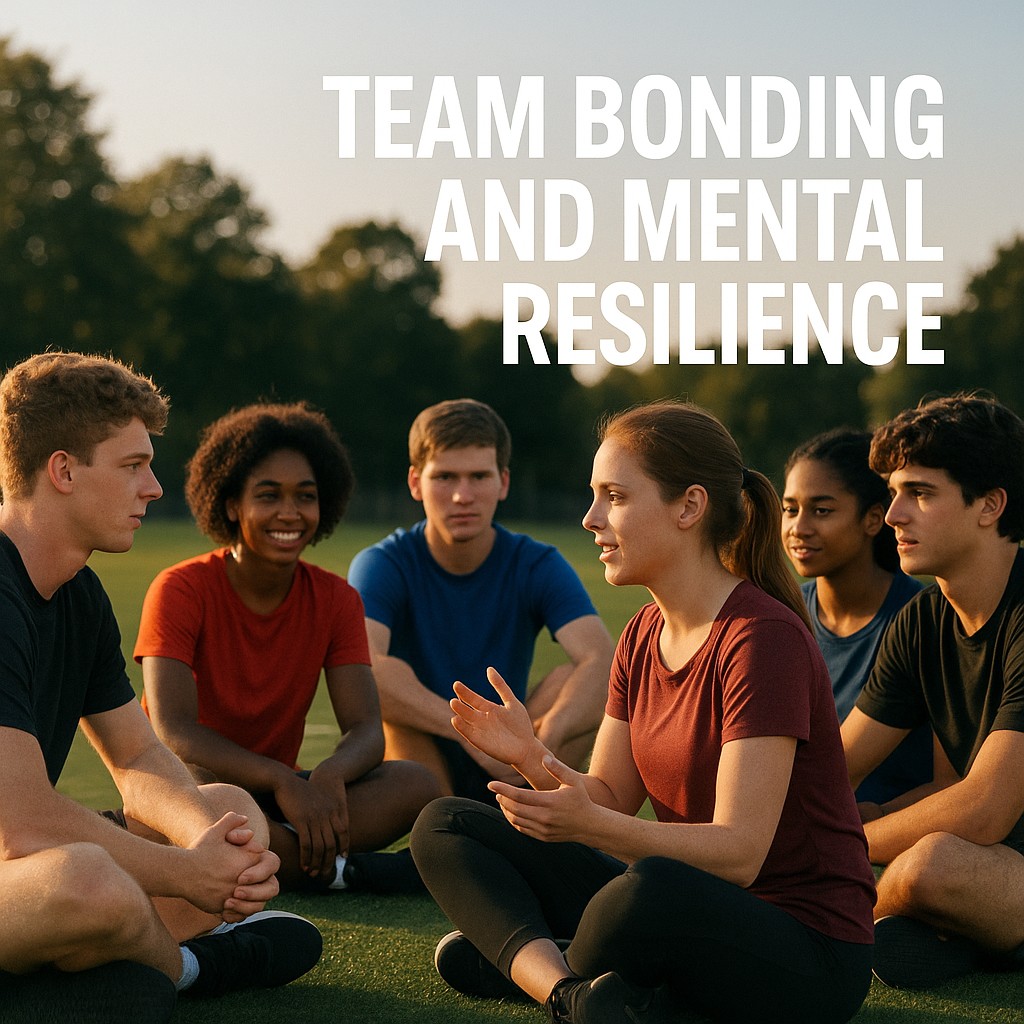 Six diverse young athletes—boys and girls—sit together in a circle on a green sports field at sunset, engaged in conversation. Large white text reads “Team Bonding and Mental Resilience” in the top right corner.