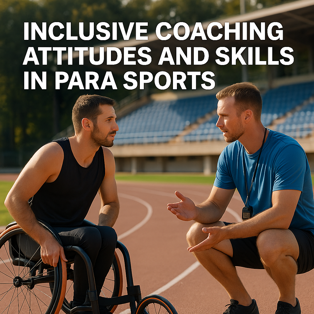 A coach crouched beside a para-athlete in a racing wheelchair on an outdoor track, talking through technique adjustments under a sunny sky.