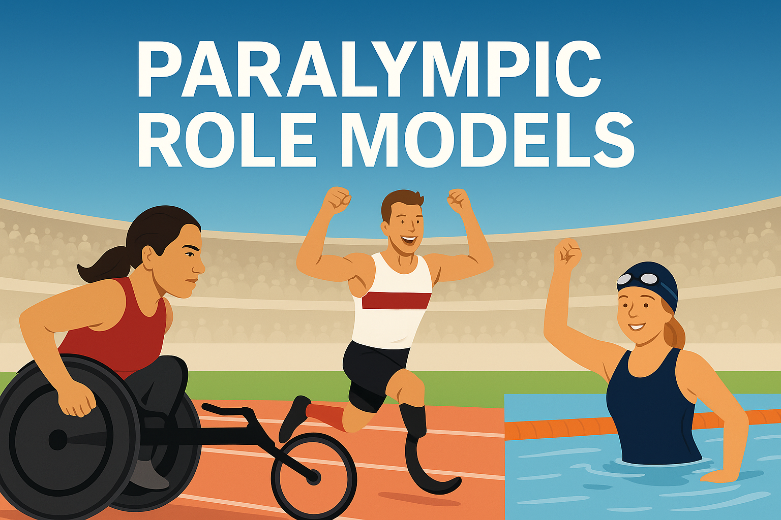 A modern stadium illustration showing three Paralympic athletes: on the left a female wheelchair racer powering forward, in the center a T44 sprinter crossing the finish line with arms raised, and on the right a female swimmer emerging from the pool in victory.