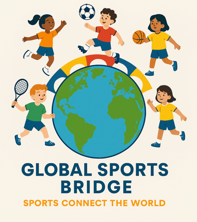 "Illustration of diverse children playing sports around a globe connected by a colorful bridge, with text promoting Global Sports Bridge's vision of equal access to sports education."