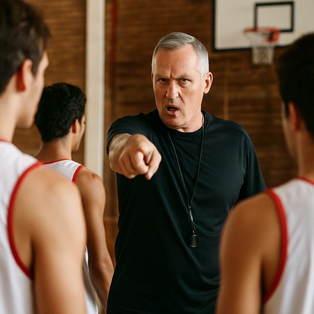 A serious basketball coach pointing and giving stern instructions to his players during practice.