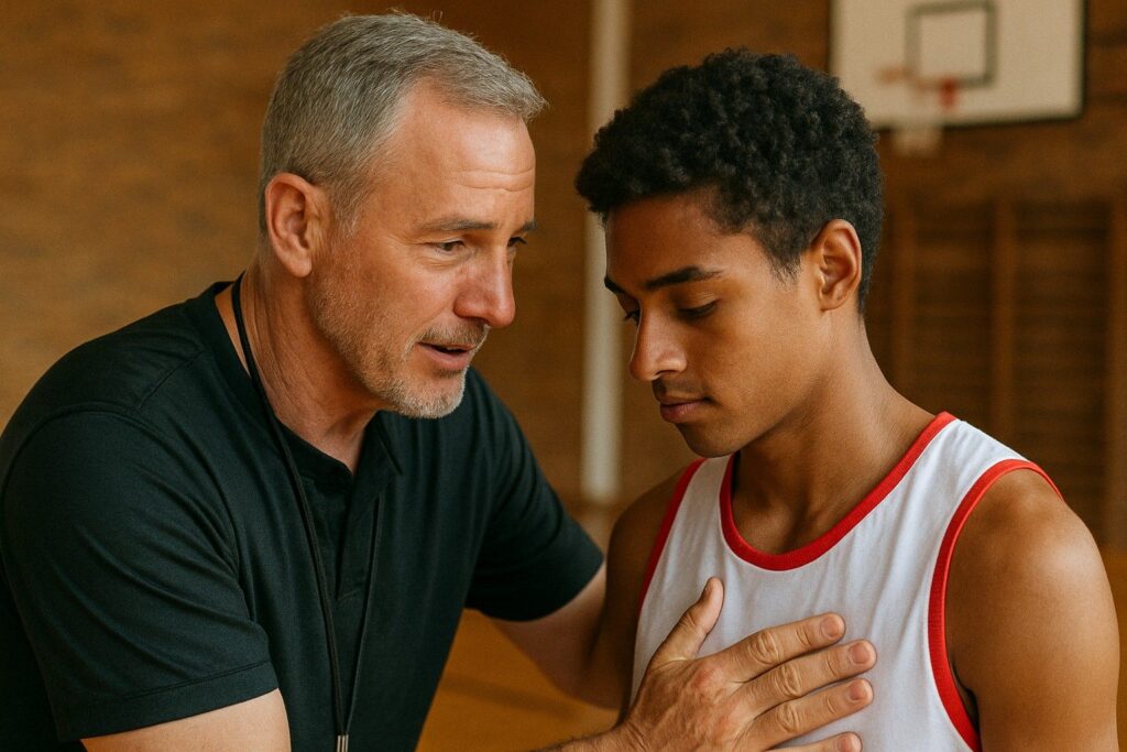 A coach gently places his hand on a player’s chest, speaking closely and supportively to him during a private moment.