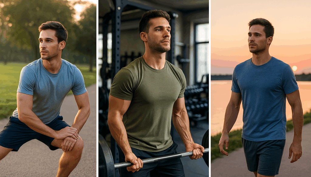 Man performing a leg stretch outdoors, lifting a barbell in the gym, and walking by the water during sunset—representing flexibility, strength, and cardiovascular endurance.